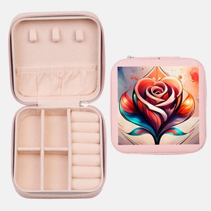 Custodia da viaggio per gioielli in stile Art Déco con rose, piccolo portagioielli da donna in rosso e rosa. Regalo per damigella d'onore, festa nuziale, regalo di Natale per la mamma