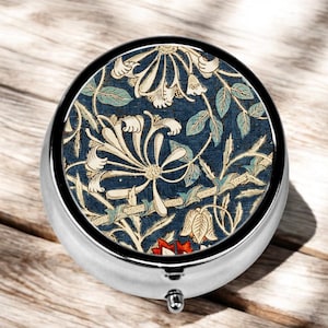 Boîte à pilules William Morris avec miroir, étui à pilules vintage chèvrefeuille pour sac à main, range-médicaments, 3 compartiments. Cadeau rétro pour elle