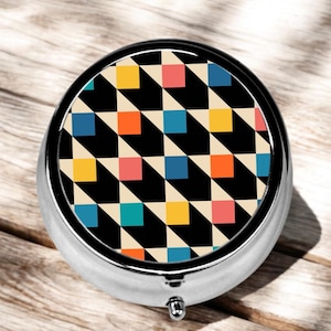 Round Pill Box with Mirror, Bauhaus-Inspired Pill Case for Handbag, Vintage Style Medicine Organiser, 3 Compartments. Retro Gift for Her