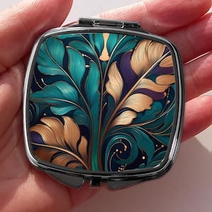 Art Deco Taschenspiegel, Taschenspiegel in Gold und Blaugrün, Vintage Make-up Kompakt, Frühere Zeiten Taschenspiegel. Retro Beauty Geschenk für Frau, Freundin