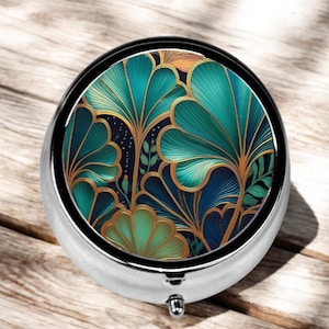 Boîte à pilules Art déco avec miroir, bleu sarcelle et or pour sac à pilules, organiseur de médicaments de style vintage, 3 compartiments. Cadeau rétro pour elle