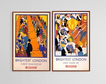 2 Vintage London Travel Posters, The Tube, Brightest London Series | DIGITAL DOWNLOAD.