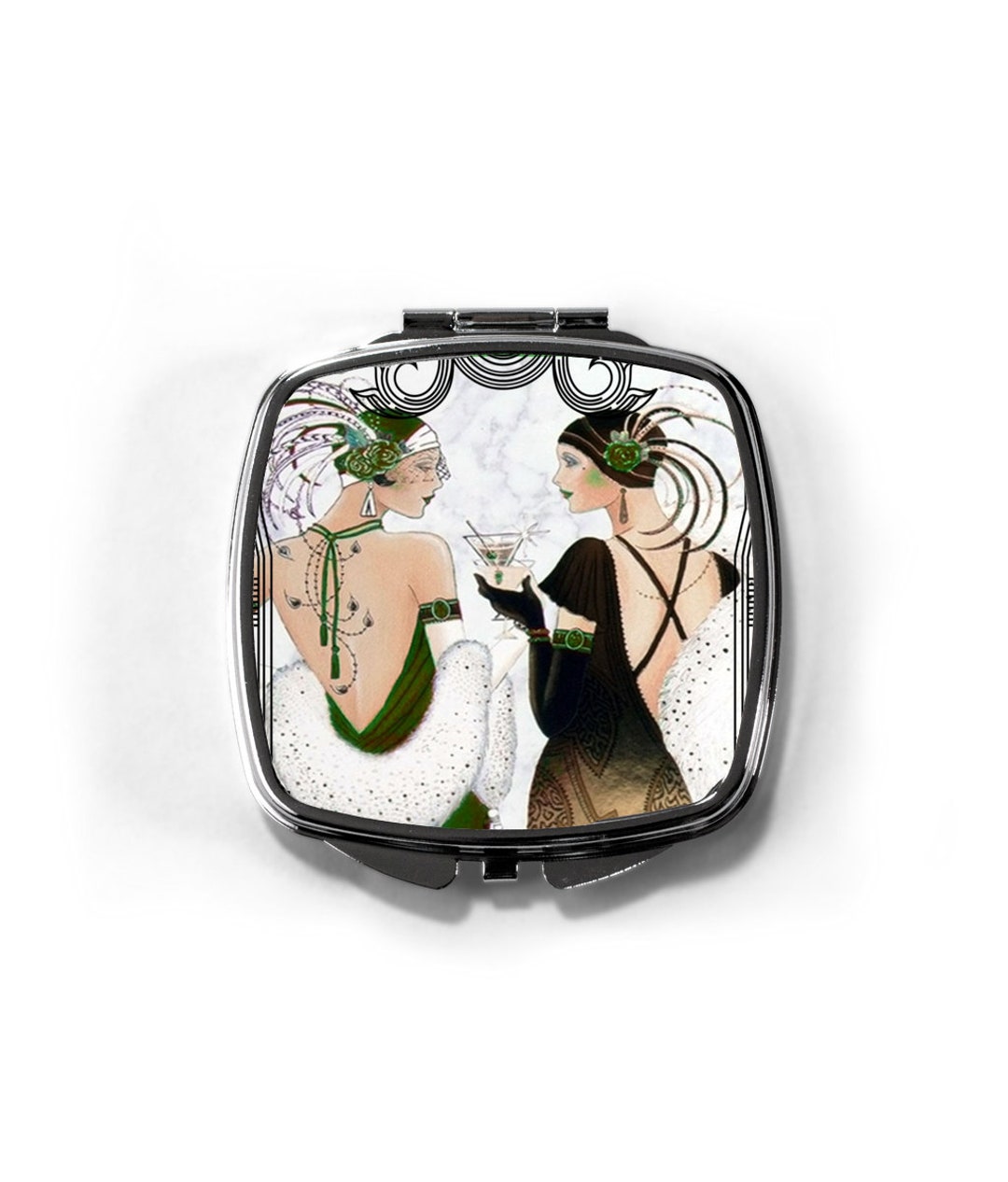 Art Deco Compact Mirror, Christmas Flapper Girls, Pocket Mirror