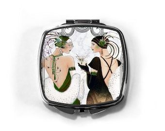 Miroir compact art déco, Noël Flapper Girls, miroir de poche, compact léger. Cadeau de Noël pour une amie, bas de Noël pour femme