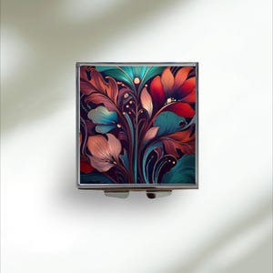 Square Pill Box with Mirror, Art Deco Leaves Pill Case for Handbag, Vintage Medicine Organiser with 3 Compartments. Retro Gift for Her