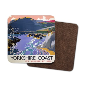 Yorkshire Coasters set of 4, Vintage Yorkshire Print. Vintage Railway Poster, Fun Retro Home Decor. Housewarming Gift, Stocking Filler Gift