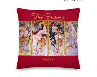 The Seasons Cushion Cover and Insert, Vintage Alphonse Mucha Throw Pillow, Berry Red 45x45