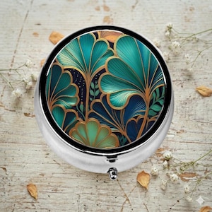 Art Deco Pill Box with Mirror, Teal and Gold Pill Case for Handbag, Vintage Style Medicine Organiser, 3 Compartments. Retro Gift for Her