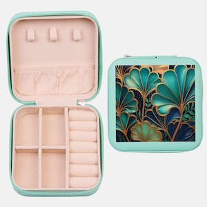 Portagioie da viaggio Art Déco in verde acqua e oro, piccolo portagioie vintage da donna. Regalo per damigella d'onore, festa nuziale, regalo di Natale per la mamma