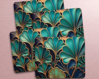 Manteles individuales Art Déco pequeños en verde azulado y dorado, juego de 4, decoración vintage para el hogar. Vajilla retro, regalo de inauguración de la casa, regalo de Navidad.