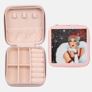 Custodia da viaggio per gioielli Art Déco rosa, portagioielli da viaggio vintage per donne e ragazze. Regalo di Natale per la mamma, regalo di compleanno per la nipote