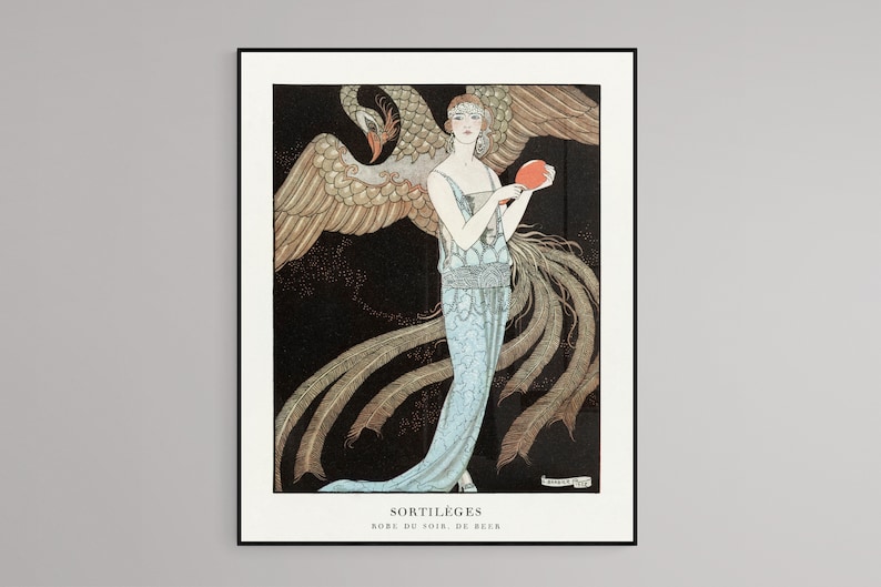 May include: Art Deco print featuring a woman in a flowing blue gown, holding a red orb, with a large phoenix behind her. The print has a black background and the text "SORTIL&Egrave;GES" and "ROBE DU SOIR, DE BEER".