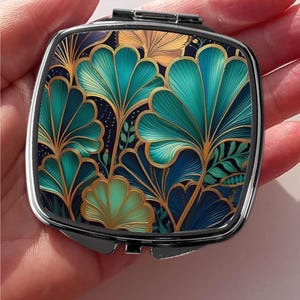 Art Deco Compact Mirror in Teal and Gold, Vintage Pocket Mirror, Makeup Vintage Gift