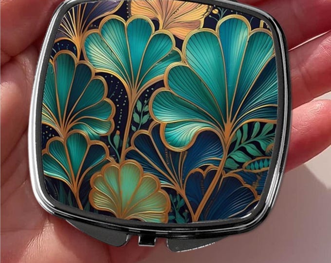 Art Deco Compact Mirror in Teal and Gold, Vintage Pocket Mirror, Makeup Vintage Gift