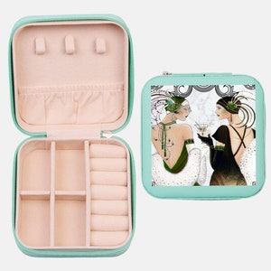 Portagioie da viaggio Art Déco, tema natalizio vintage, ragazze flapper. Portagioie da donna dei tempi passati. Regalo per damigella d'onore, regalo di viaggio.