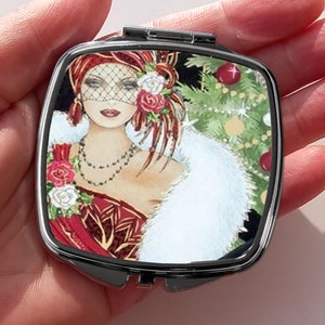 Christmas Art Deco Compact Mirror, Retro Handbag Mirror, Lightweight Compact. Stocking Filler for Women, Christmas Gift for Girls