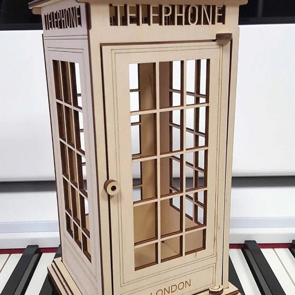 Cabina telefónica británica de madera cortada con láser Caja de teléfono británica Planos de corte láser Cabina telefónica de Londres Archivo digital de 3 mm para láser y CNC