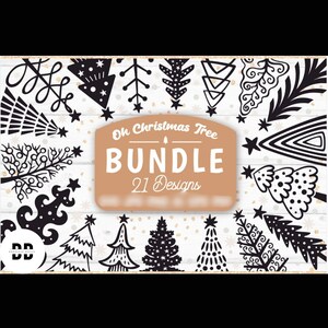 May include: A set of 21 black and white Christmas tree illustrations in a variety of styles. The trees are arranged on a white background with gold glitter. The text "Oh Christmas Tree Bundle 21 Designs" is displayed in a brown rectangle.