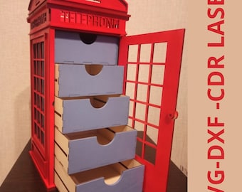 Laser Cut British Phone Booth Cabinet Red British Phone Box Laser svg cdr dxf file laser cut file template