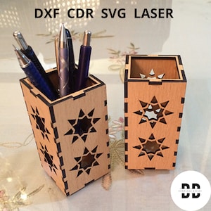 Porta-canetas decorativo de madeira com corte a laser Arquivo DXF Porta-lápis com padrão de madeira compensada Download digital de arquivos Dxf Svg, arquivos vetoriais