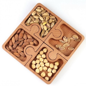 Puzzle Gelenk Tablett für Nüsse CNC Fräser Laser Vorlage Kostenlose Vektor-Pläne Glowforge-Datei DXF, SVG Tablett Laser geschnitten Puzzle Gelenk Tablett Nüsse Snacks
