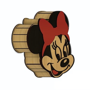Scatola per mouse Minnie tagliata al laser Scatola di caramelle di Topolino in legno carina, modello vettoriale scatola regalo decorativa tagliata al laser, modello di scatola di compleanno divertente SVG CDR