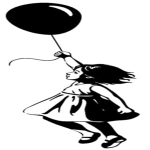 Puede incluir: Una ilustración en blanco y negro de una niña con un vestido sosteniendo un globo negro. La niña está mirando hacia arriba al globo y su cabello está flotando en el viento.
