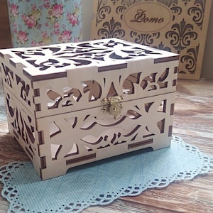 Caixa de lembrança cortada a laser, caixão para anéis, caixa de joias, caixa de presente de madeira decorativa com padrão de flores de coração, casamento, aniversário, mãe