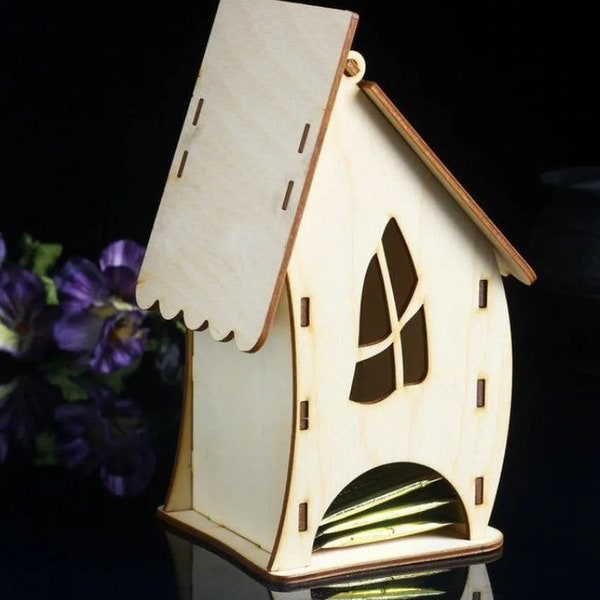 Laser Cut Cute Plywood Tea House house box dxf tea bag storage dxf tea dispenser gift