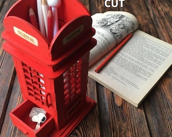 Laser Cut British Phone Booth Pencil Holder pen holder gift desktop pen holder svg cut file dxf laser london phone