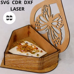 Corte a laser borboleta em forma de coração caixa de madeira arquivo de corte modelo de caixa de coração de borboleta arquivo cdr dxf vetor arquivos cnc download instantâneo