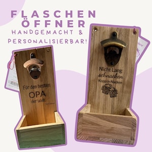 Könnte beinhalten: Zwei Flaschenöffner aus Holz mit einem daran befestigten Flaschenöffner aus Metall. Der Flaschenöffner links trägt die Gravur "Für den besten OPA der Welt". Der Flaschenöffner rechts trägt die Gravur "Nicht Lang Schnacken Kopp in Nacken".