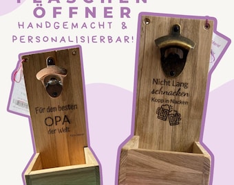 Flaschenöffner aus Holz, Wand-Flaschenöffner, Beschriftung mit Laser Gravur, personalisierbar