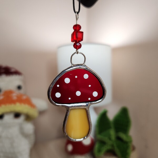 Stained Glass Mushroom Charm, Rearview mirror accessory