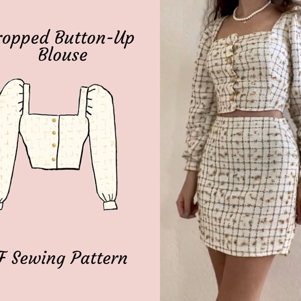 Puff-Sleeve Cropped Button-Up Blouse digital sewing pattern sizes XXS-XXL