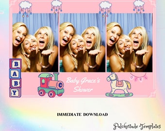May include: A 3-photo overlay template for a baby shower featuring a pink border with clouds, a toy train, a rocking horse, and blocks spelling BABY. The text reads 3-Photo Overlay, Baby Grace's Shower, GIRL, IMMEDIATE DOWNLOAD, and Pulchritude Templates.