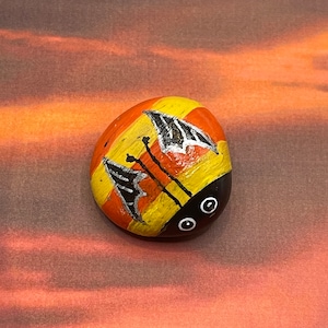 Candy Corn Ladybug Bat Wings, Hand Painted Rock, Halloween Decor, Pebble Art, Stone Painting