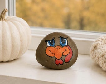 Leuke kalkoen geschilderde rots, grillig Thanksgiving-decor, herfst gelaagd dienblad decor, cartoon kalkoen cadeau, herfstplankoppas