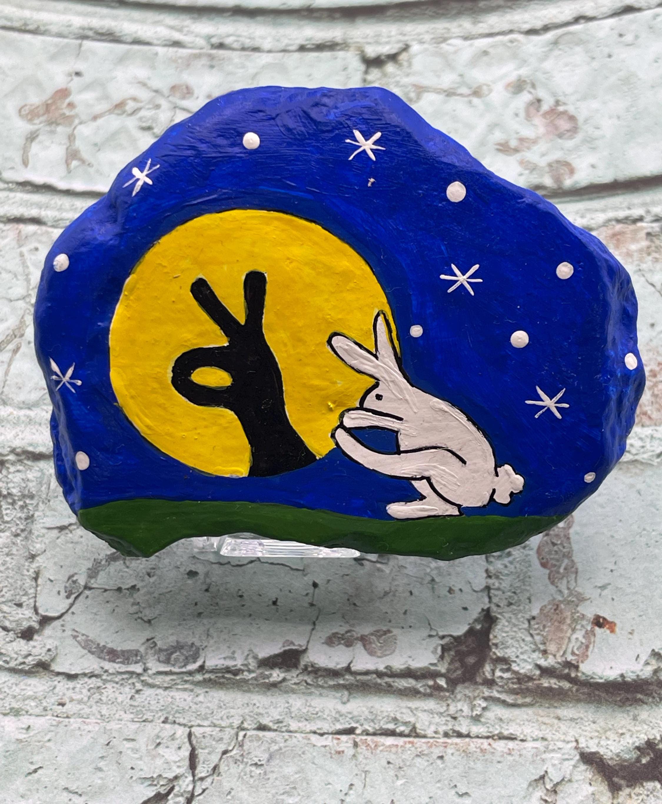 Moon Rabbit Painted Rock, Rabbit Shadow Puppet Moon Art, Whimsical ...
