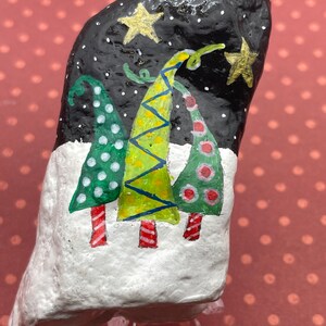 Whimsical Christmas Trees, Season's Greetings, Winter Decor Painted Rock, Pebble Art