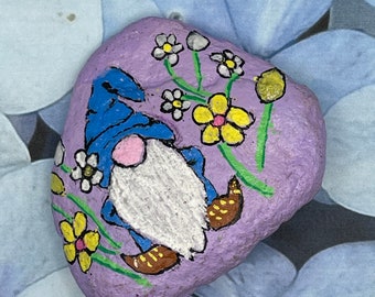 Spring Time Blue Gnome with Flowers, Spring Art, Painted Rock, Stone Painting