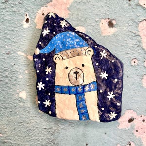 Snow Polar Bear with Blue Scarf and Hat, Winter Pebble Art, Painted Rock