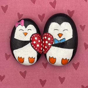Penguin Couple Holding Heart, Lovebirds, Valentine Gift, Painted Rock, Stone Art