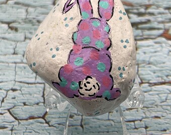 Purple Easter Bunny Backside with Polka Dots, Some Bunny Loves You, Painted Rock, Stone Painting