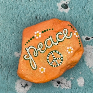 Peace with Flowers, Glitter Peach Painted Rock, Inspirational, Kindness Stone Art