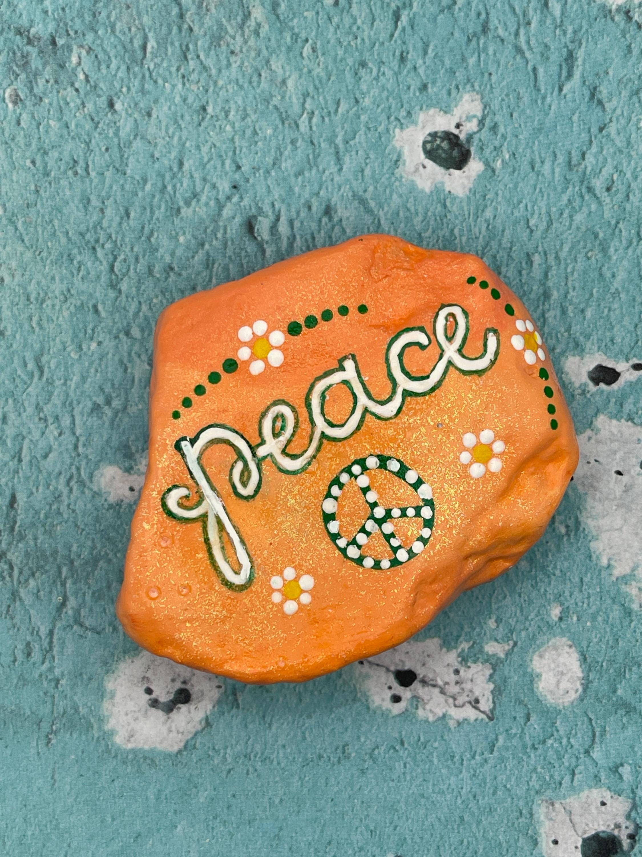 Peace with Flowers, Glitter Peach Painted Rock, Inspirational, Kindness Stone Art