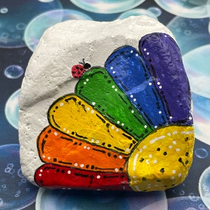 Rainbow Flower with Ladybug, Hand Painted Rock