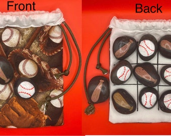 Baseball and Bat Sports Tic Tac Toe Set, Lined Drawstring Bag, Painted Rocks, Unique Gift, Travel Game, Stocking Stuffer