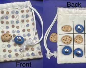 Cookie Monster Painted Rock Tic Tac Toe Set, Lined Drawstring Bag, Great Gift, Travel Game, Stocking Stuffer