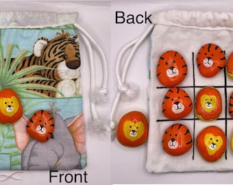 Lion and Tiger Tic Tac Toe Game, Painted Rock, Great Christmas Gift Set, Travel Game, Stocking Stuffer